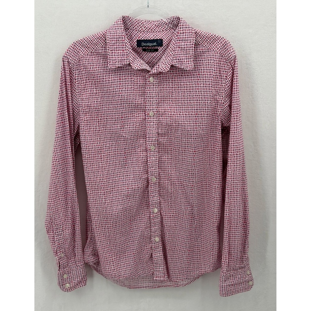 Desigual Shirt Mens Large Pink Diamond Geo Button Up Slim Fit Casual Preppy Work